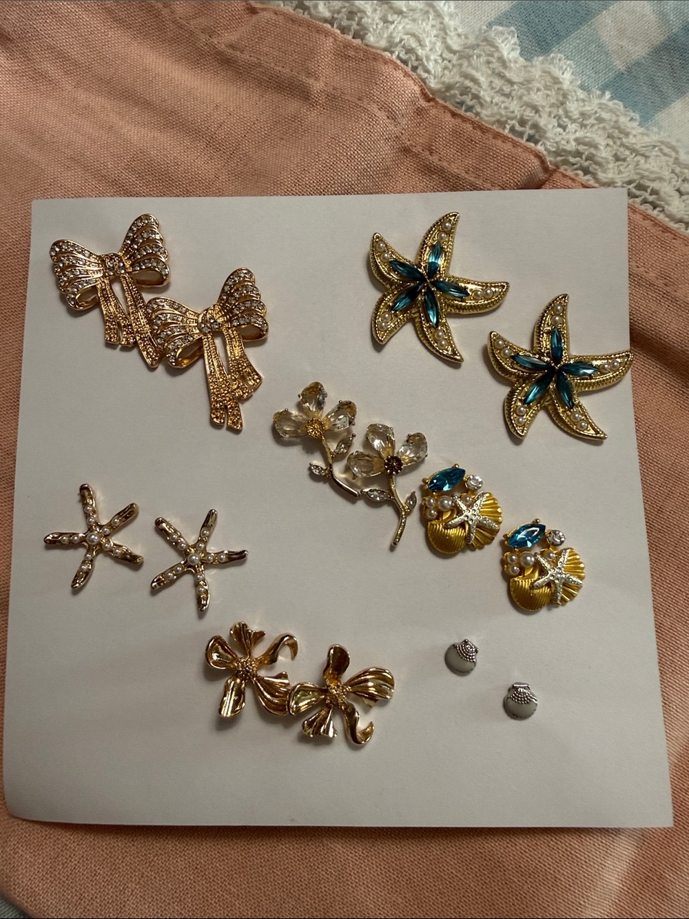 Gold Tone Floral & Starfish Earring Set - Gold and Teal